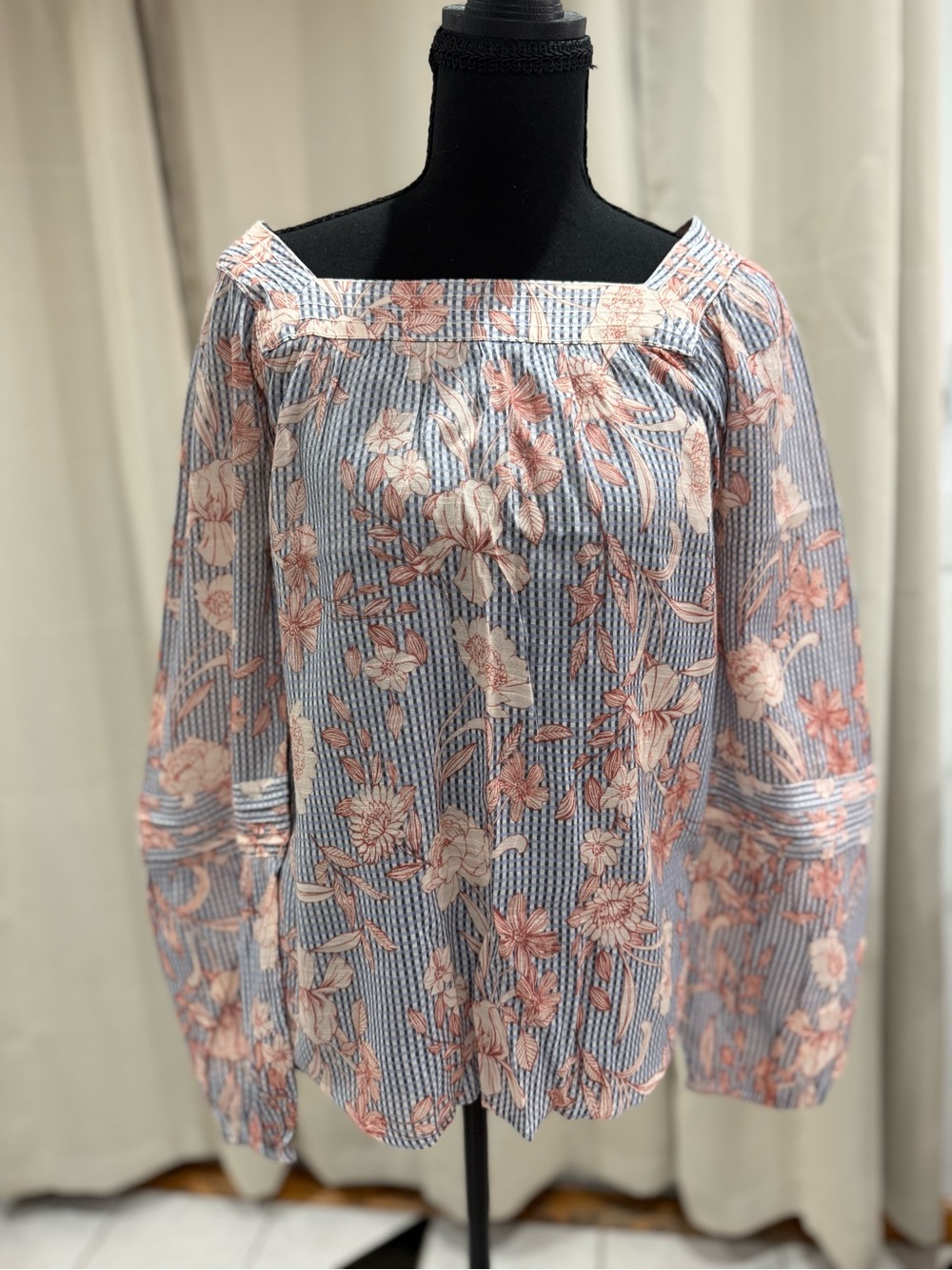 LC Lauren Conrad Blue and Pink Floral Off-Shoulder Peasant Blouse